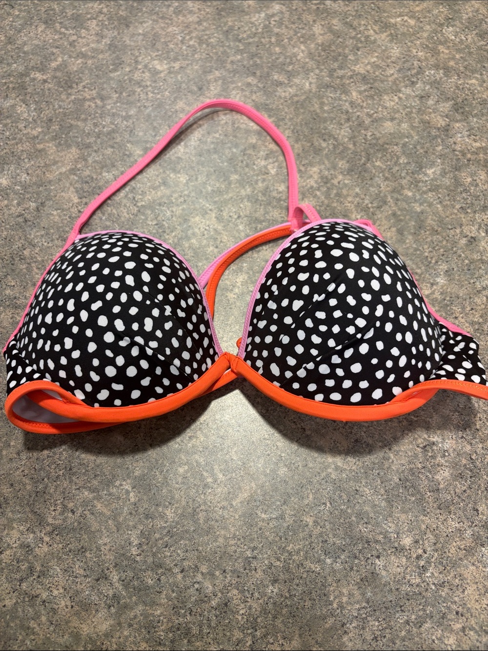 Polka Dot Push-Up Bikini Top in Black with Pink & Orange Trim